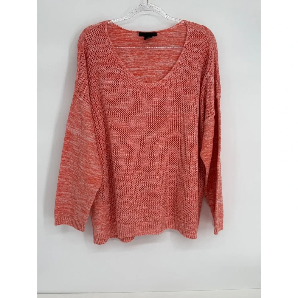 Lane Bryant Women Sz 26/28 Coral Marl Cotton V-Neck Open Knit Oversized Sweater